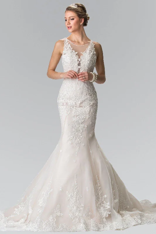 Illusion V-Neck Mermaid Style Lace Long Wedding Dress