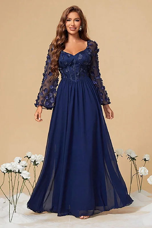 Navy A Line Long Sleeves Corset Formal Dress With Long Sleeves