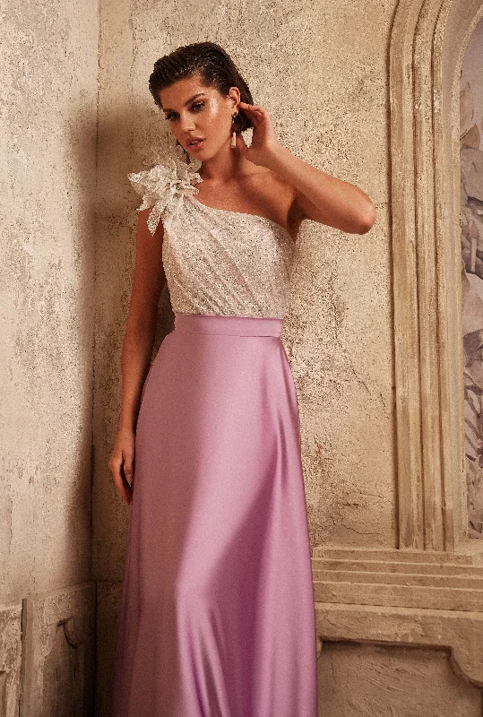 One-Shoulder Long Evening Dress with a Unique 3-D flower