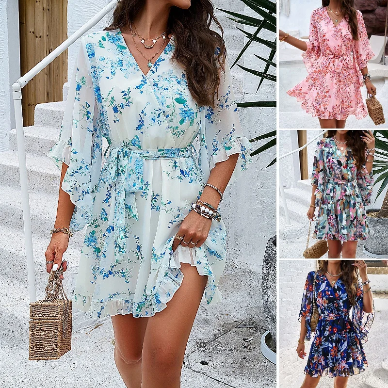 Floral Print Ruffled V-neck Short Dress